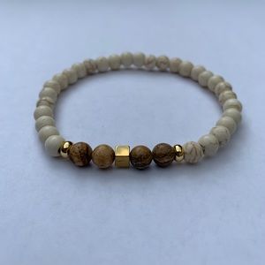 Brown/White Marble Stone bead bracelet Gold cube